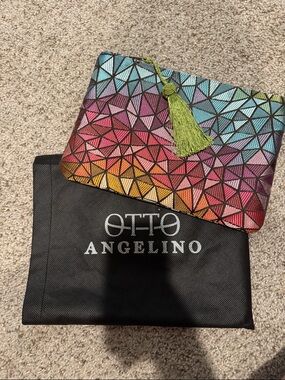 Multicolor Geometric Tassel Clutch in Green Accent